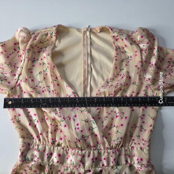 Floral Ruffle Tiered Mini Dress Womens Medium Cream Long Sleeve V Neck Wrap Boho - Picture 14 of 16